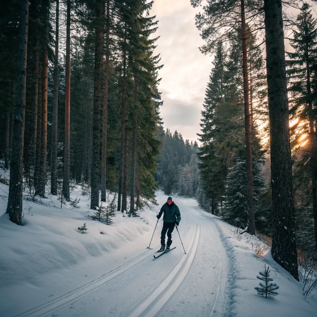 Man skiing through a forest trail