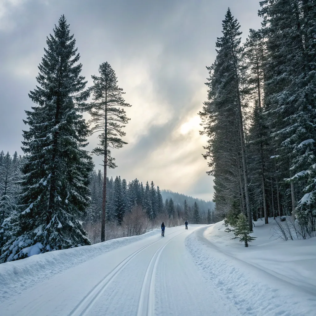 A scenic view of a cross-country skiing trail